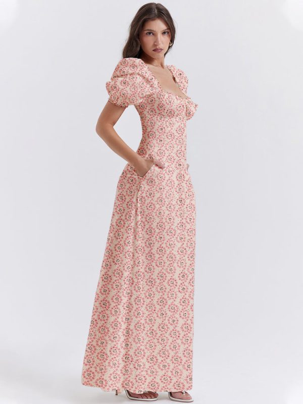 Floral Print Square Neckline Puff Sleeves Maxi Dress