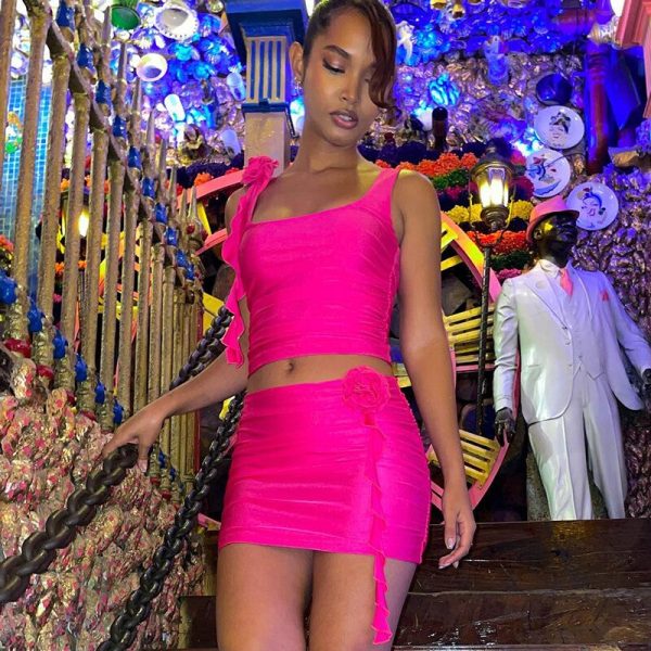 Flower Frill Applique Top and Bodycon Mini Skirt Set