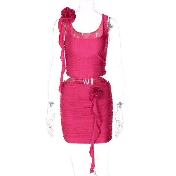 Flower Frill Applique Top and Bodycon Mini Skirt Set