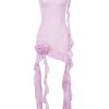 Flowy Ruffle Strap Rosette Corsage Backless Sheer Mesh Mini Dress - Pink