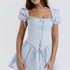 Flowy Square Neck Lace Up Vest Drop Waist Fit & Flare Mini Sundress - Blue