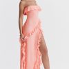 Fluttering Frill Trim Strapless High Split Draped Ruffle Maxi Dress - Pink