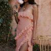Fluttering Frill Trim Strapless High Split Draped Ruffle Maxi Dress - Pink