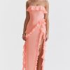 Fluttering Frill Trim Strapless High Split Draped Ruffle Maxi Dress - Pink