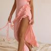 Fluttering Frill Trim Strapless High Split Draped Ruffle Maxi Dress - Pink