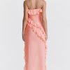 Fluttering Frill Trim Strapless High Split Draped Ruffle Maxi Dress - Pink
