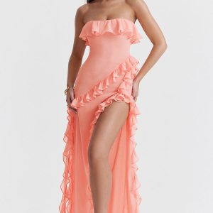 Fluttering Frill Trim Strapless High Split Draped Ruffle Maxi Dress - Pink