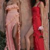 Fluttering Frill Trim Strapless High Split Draped Ruffle Maxi Dress - Pink