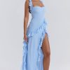 Fluttering Sweetheart Sleeveless High Split Draped Ruffle Maxi Dress - Blue