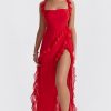 Fluttering Sweetheart Sleeveless High Split Draped Ruffle Maxi Dress - Red