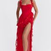 Fluttering Sweetheart Sleeveless High Split Draped Ruffle Maxi Dress - Red