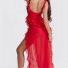 Fluttering Sweetheart Sleeveless High Split Draped Ruffle Maxi Dress - Red
