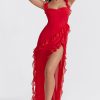Fluttering Sweetheart Sleeveless High Split Draped Ruffle Maxi Dress - Red