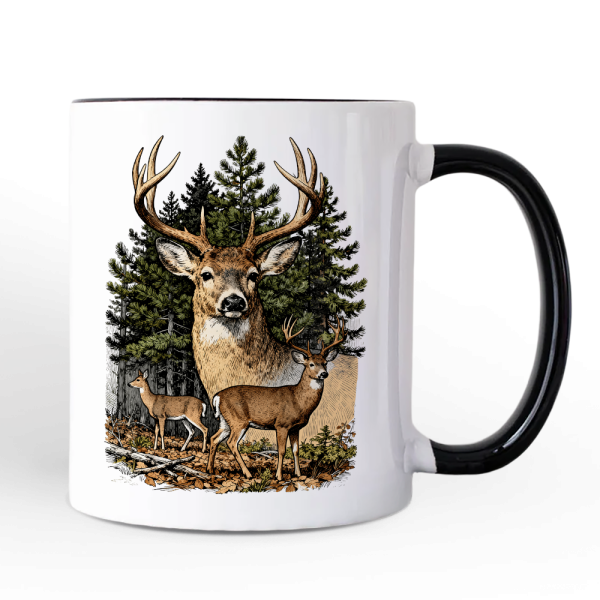 Forest Deers Vintage Grunge Personalized Mug, Retro Hunter Gift with Custom Name
