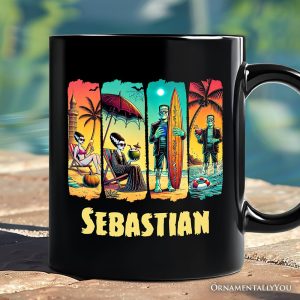 Frankenstein's Beach Vacation Personalized Mug, Retro Neon Summer Vibes Gift with Custom Name