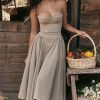 French Bustier Spaghetti Strap Drop Waist Fit & Flare Midi Sundress - Khaki
