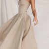 French Bustier Spaghetti Strap Drop Waist Fit & Flare Midi Sundress - Khaki