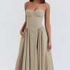 French Bustier Spaghetti Strap Drop Waist Fit & Flare Midi Sundress - Khaki