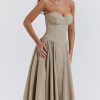 French Bustier Spaghetti Strap Drop Waist Fit & Flare Midi Sundress - Khaki