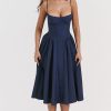 French Bustier Spaghetti Strap Drop Waist Fit & Flare Midi Sundress - Navy Blue
