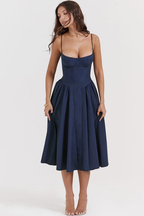 French Bustier Spaghetti Strap Drop Waist Fit & Flare Midi Sundress - Navy Blue