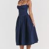 French Bustier Spaghetti Strap Drop Waist Fit & Flare Midi Sundress - Navy Blue