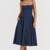French Bustier Spaghetti Strap Drop Waist Fit & Flare Midi Sundress - Navy Blue