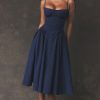 French Bustier Spaghetti Strap Drop Waist Fit & Flare Midi Sundress - Navy Blue