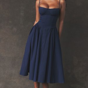 French Bustier Spaghetti Strap Drop Waist Fit & Flare Midi Sundress - Navy Blue