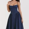 French Bustier Spaghetti Strap Drop Waist Fit & Flare Midi Sundress - Navy Blue