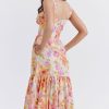 French Sweetheart Fit and Flare Ruffle Floral Printed Midi Sundress - Beige