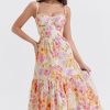 French Sweetheart Fit and Flare Ruffle Floral Printed Midi Sundress - Beige