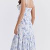 French Sweetheart Fit and Flare Ruffle Floral Printed Midi Sundress - Blue