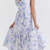French Sweetheart Fit and Flare Ruffle Floral Printed Midi Sundress - Blue