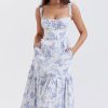 French Sweetheart Fit and Flare Ruffle Floral Printed Midi Sundress - Blue