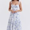 French Sweetheart Fit and Flare Ruffle Floral Printed Midi Sundress - Blue