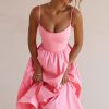 Fresh Scoop Neck Spaghetti Strap Pocket Trim Fit & Flare Midi Sundress - Pink