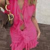 Frill Deep Neck Halter Mini Ruched Dress