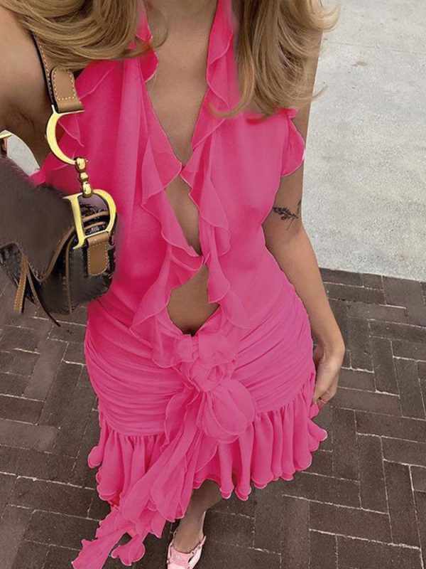 Frill Deep Neck Halter Mini Ruched Dress