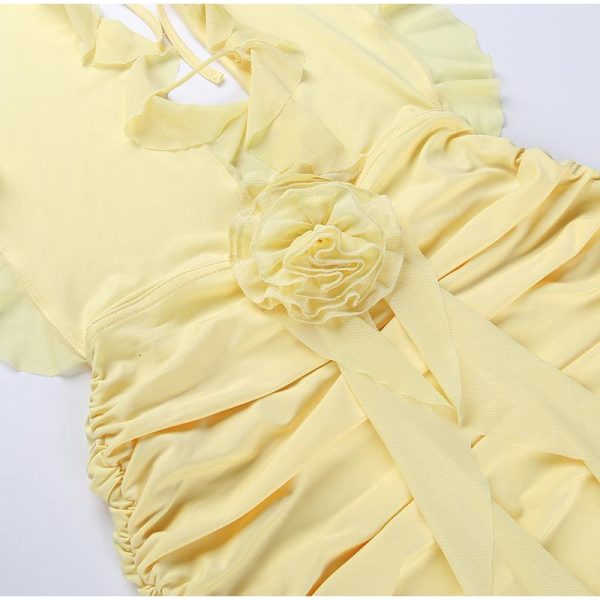 Frill Deep Neck Halter Mini Ruched Dress