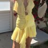 Frill Deep Neck Halter Mini Ruched Dress
