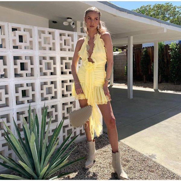 Frill Deep Neck Halter Mini Ruched Dress