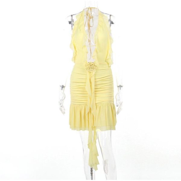 Frill Deep Neck Halter Mini Ruched Dress