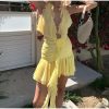 Frill Deep Neck Halter Mini Ruched Dress