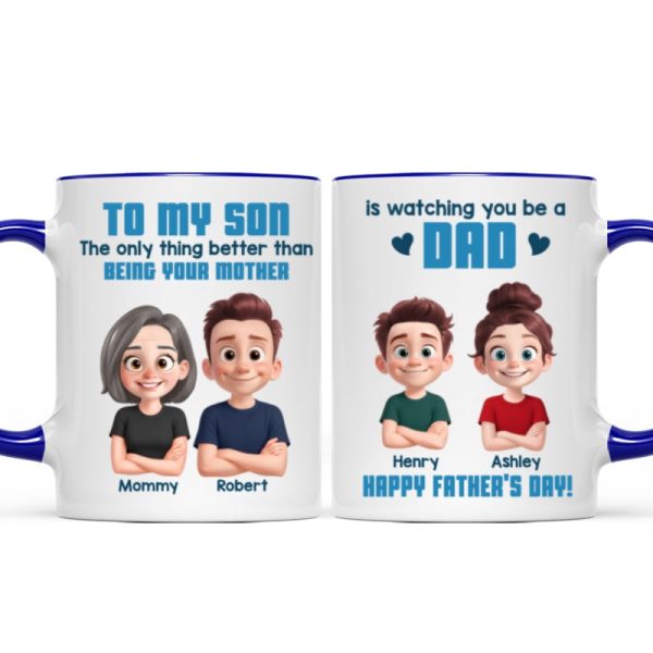 From Mom To Son Watching You Be A Dad Cartoon Style Personalized Mug, Father's Day Gift For Son