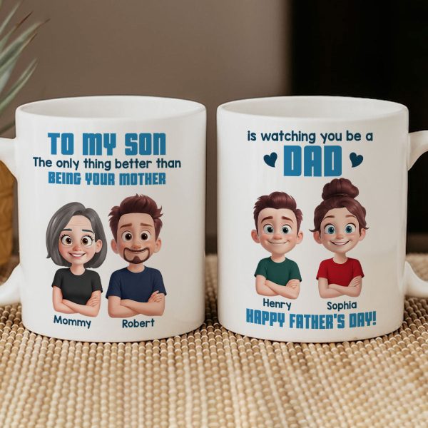 From Mom To Son Watching You Be A Dad Cartoon Style Personalized Mug, Father's Day Gift For Son