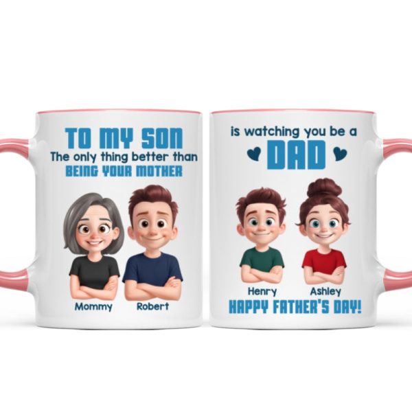 From Mom To Son Watching You Be A Dad Cartoon Style Personalized Mug, Father's Day Gift For Son