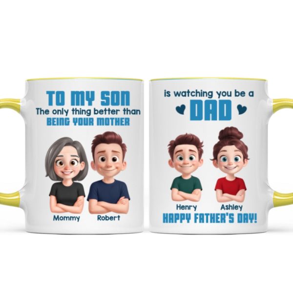 From Mom To Son Watching You Be A Dad Cartoon Style Personalized Mug, Father's Day Gift For Son