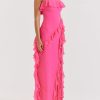 Fuchsia Strapless Ruffle Side Slit Maxi Dress