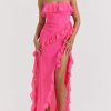 Fuchsia Strapless Ruffle Side Slit Maxi Dress